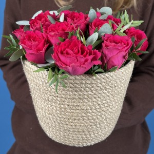 15 малиновых роз Такаци в кашпо