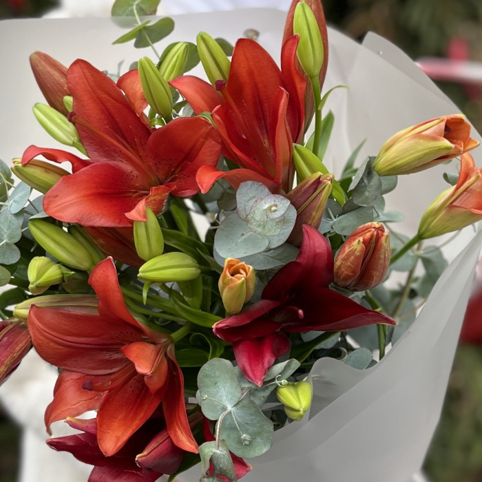7 бордовых лилий с эвкалиптом