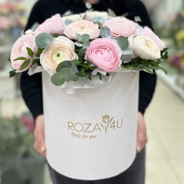 19 пышных розовых и белых Ранункулюсов в коробке