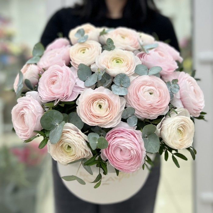 19 пышных розовых и белых Ранункулюсов в коробке