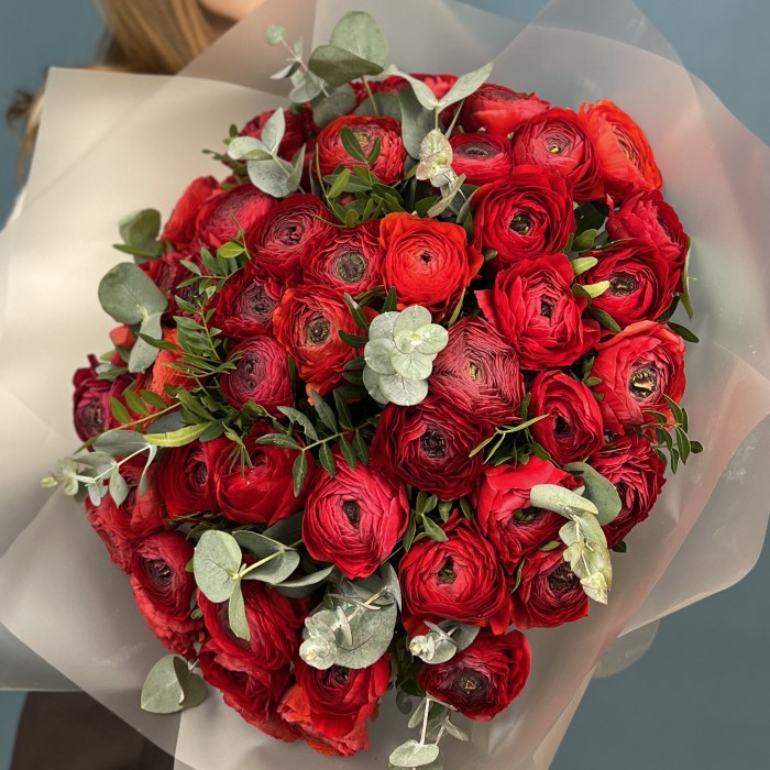 51 пышный красный ранункулюс с эвкалиптом