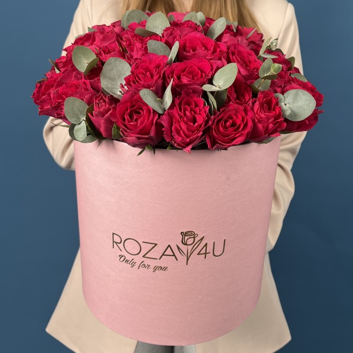 51 малиновая роза Такаци с эвкалиптом в коробке