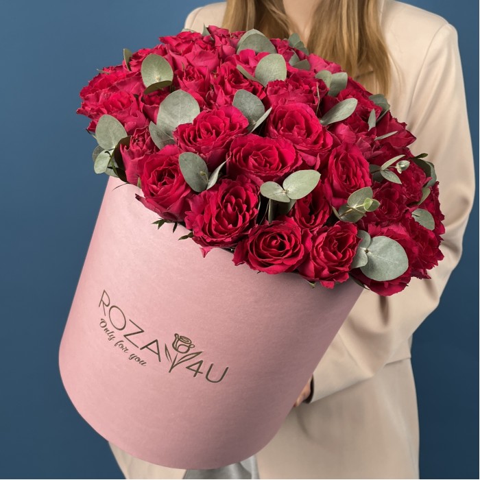 51 малиновая роза Такаци с эвкалиптом в коробке