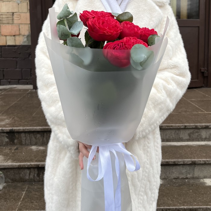 5 красных пионовидных роз Ред Пиано 60 см