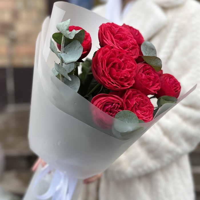 5 красных пионовидных роз Ред Пиано 60 см