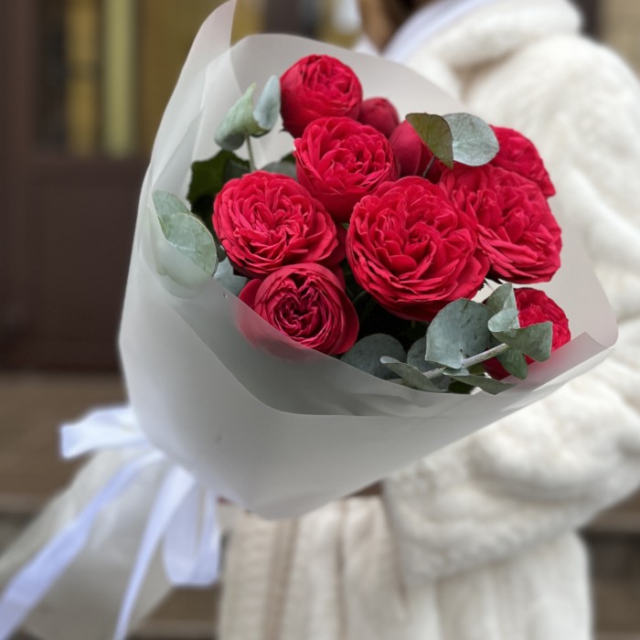 5 красных пионовидных роз Ред Пиано 70 см