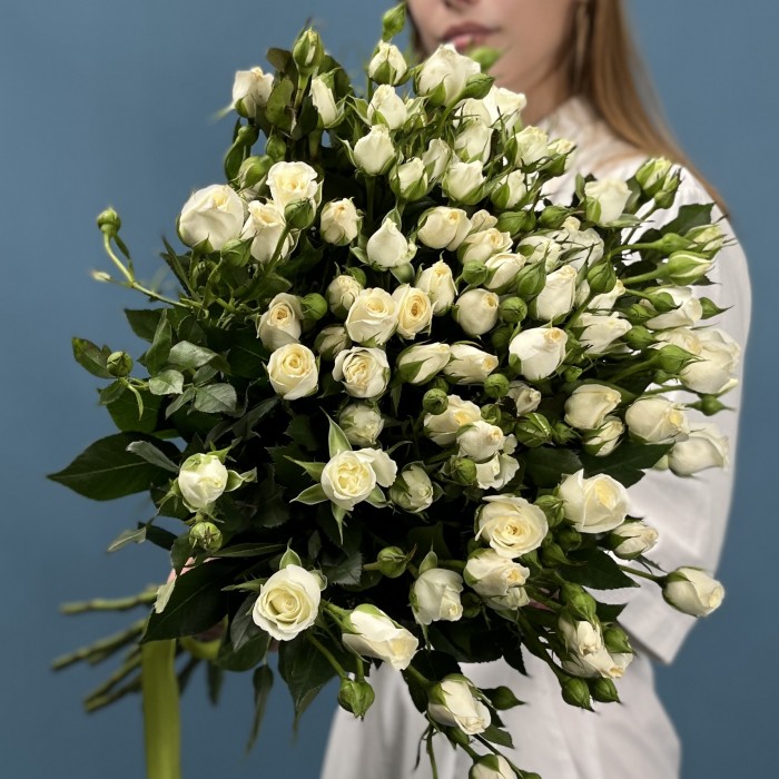 15 кустовых белых роз Сноу Бабл 70 см
