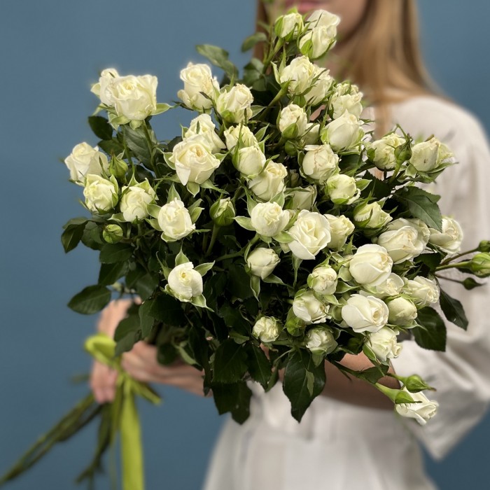 9 кустовых белых роз Сноу Бабл 70 см