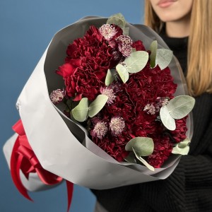 11 бордовых гвоздик с эвкалиптом