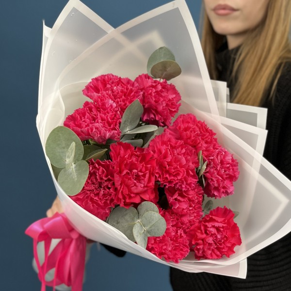 11 малиновых гвоздик с эвкалиптом