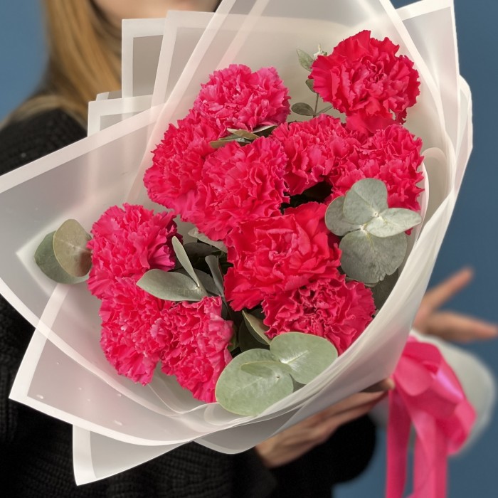 11 малиновых гвоздик с эвкалиптом