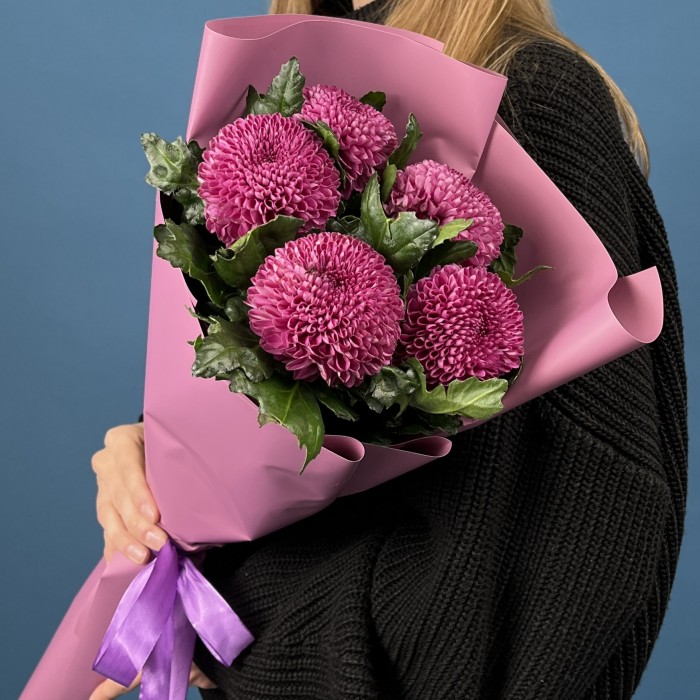 5 сиреневых хризантем помпон Фабьен