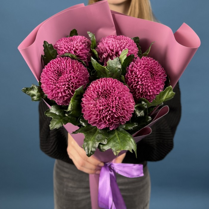 5 сиреневых хризантем помпон Фабьен