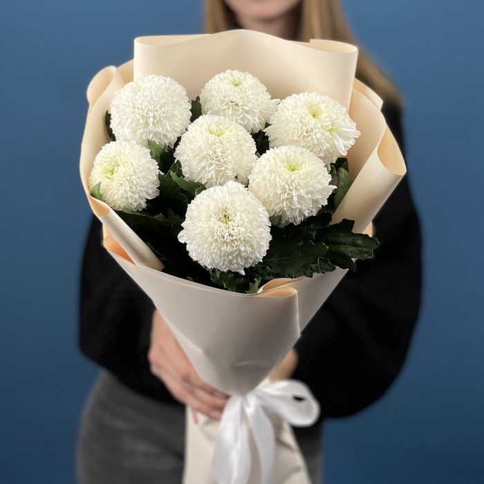 7 белых хризантем помпон