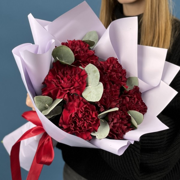 7 пышных бордовых гвоздик с эвкалиптом