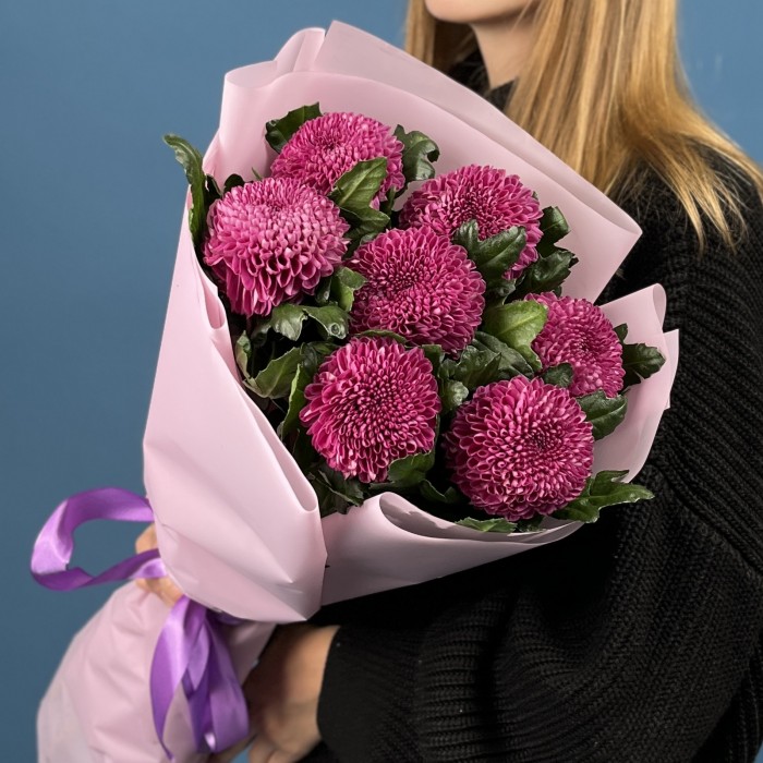 7 сиреневых хризантем помпон Фабьен