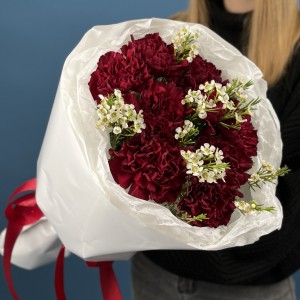 9 пышных бордовых гвоздик