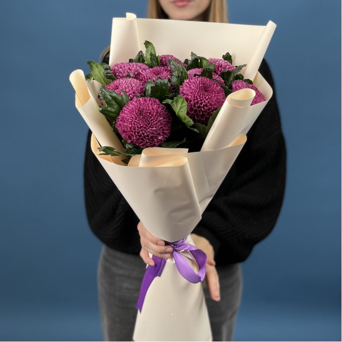 9 сиреневых хризантем помпон Фабьен