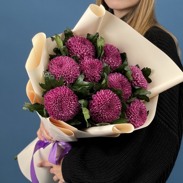 9 сиреневых хризантем помпон Фабьен