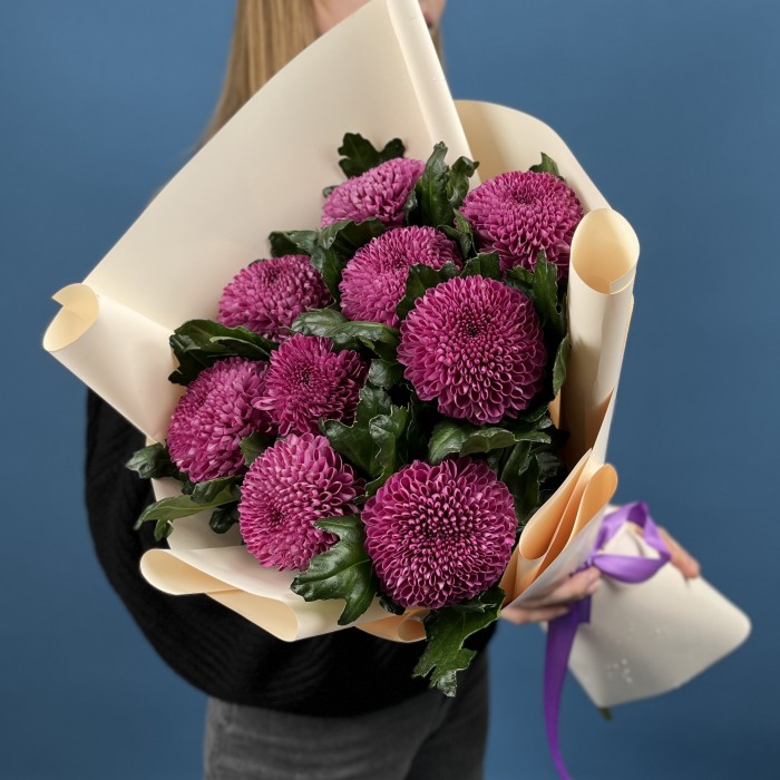 9 сиреневых хризантем помпон Фабьен