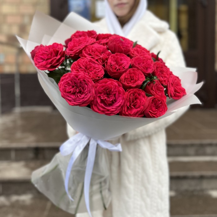 11 красных кустовых пионовидных роз Ред Пиано 60 см
