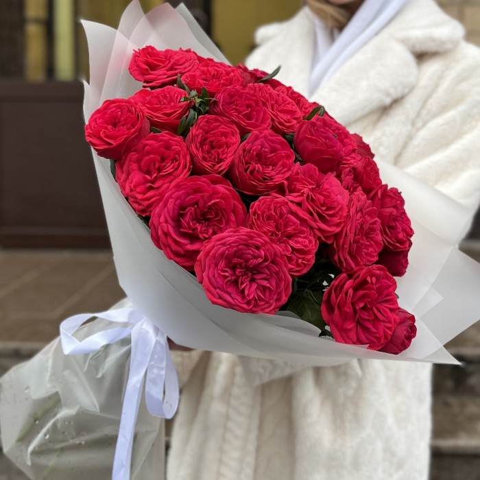 11 красных кустовых пионовидных роз Ред Пиано 60 см