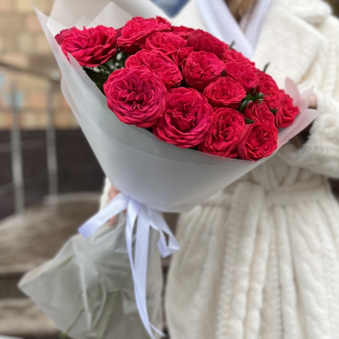 11 красных кустовых пионовидных роз Ред Пиано 60 см