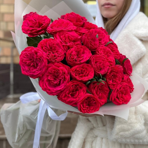 11 красных кустовых пионовидных роз Ред Пиано 70 см