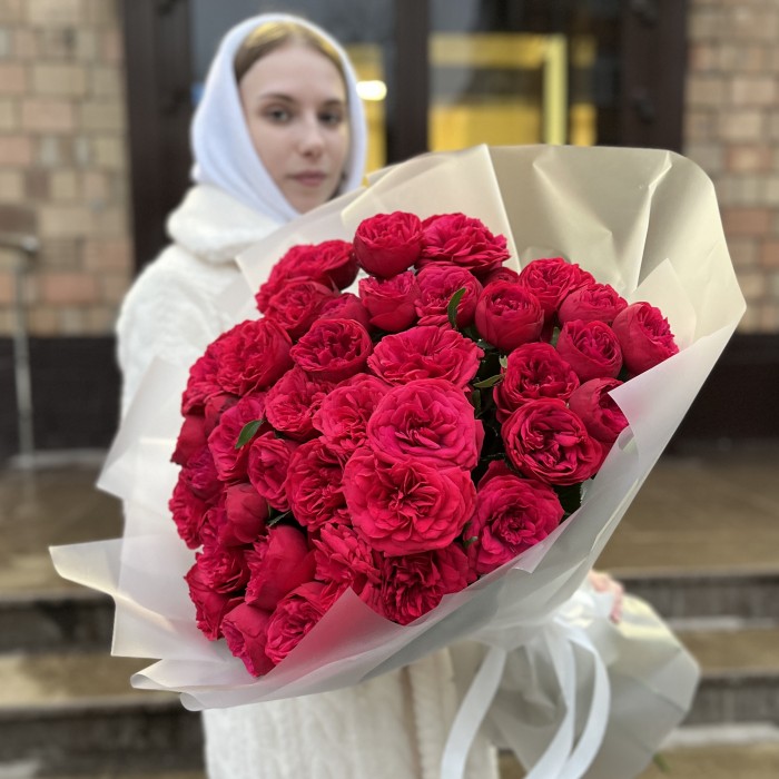 25 красных пионовидных кустовых роз Ред Пиано 40 см