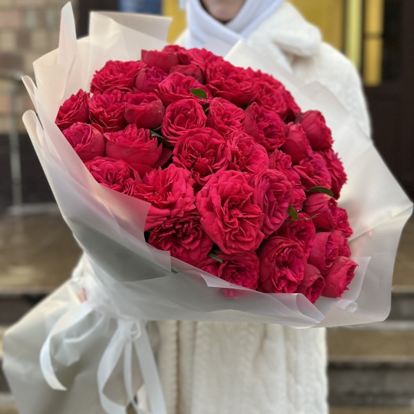 25 красных пионовидных кустовых роз Ред Пиано 70 см