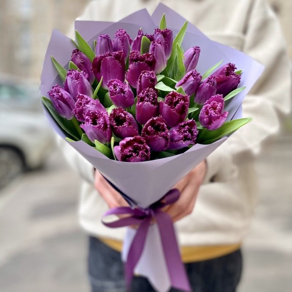 25 махровых фиолетовых тюльпанов