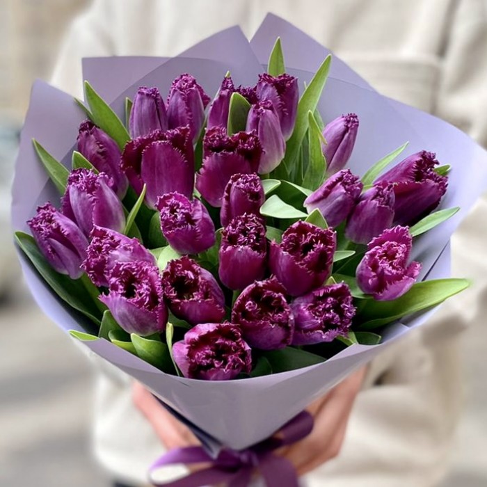 25 махровых фиолетовых тюльпанов