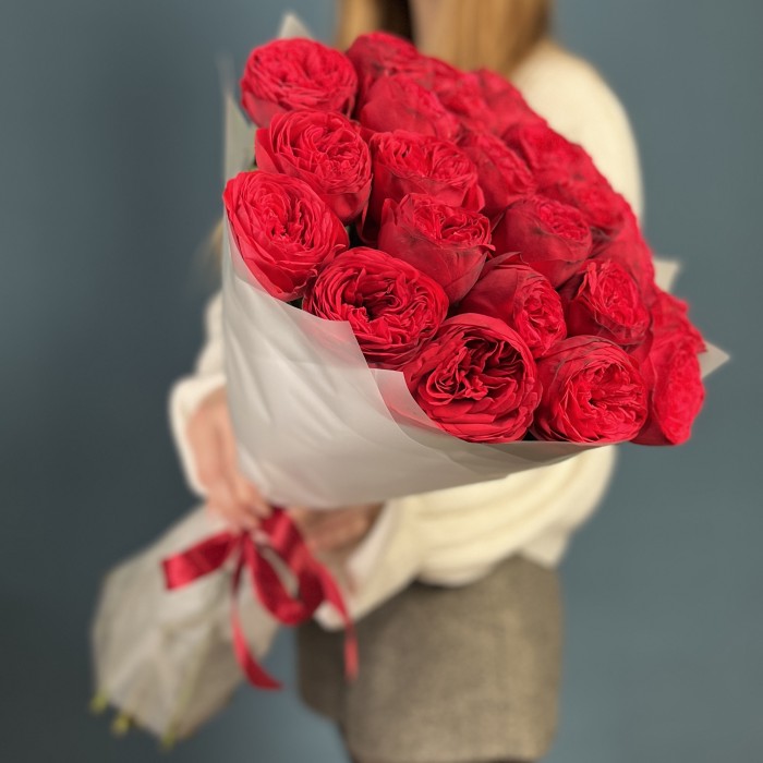 25 красных пионовидных роз Ред Пиано 50 см