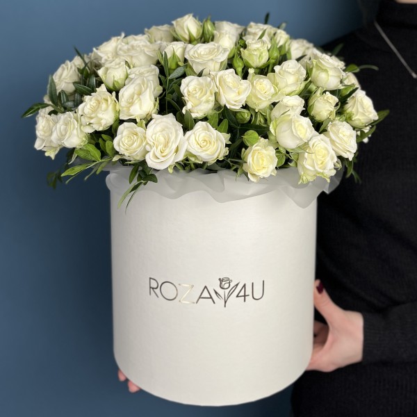 25 белых кустовых роз Сноуфлейк в коробке