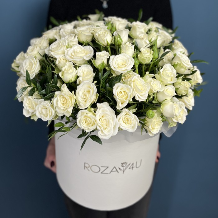25 белых кустовых роз Сноуфлейк в коробке