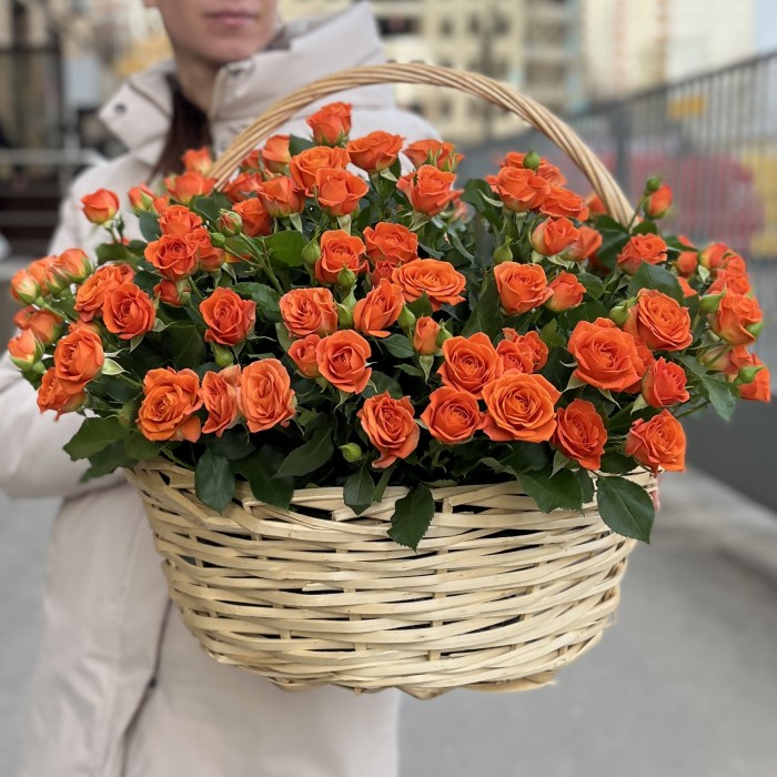 25 оранжевых кустовых роз Чарминг Бейб в корзине
