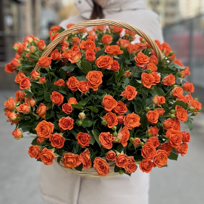 25 оранжевых кустовых роз Чарминг Бейб в корзине