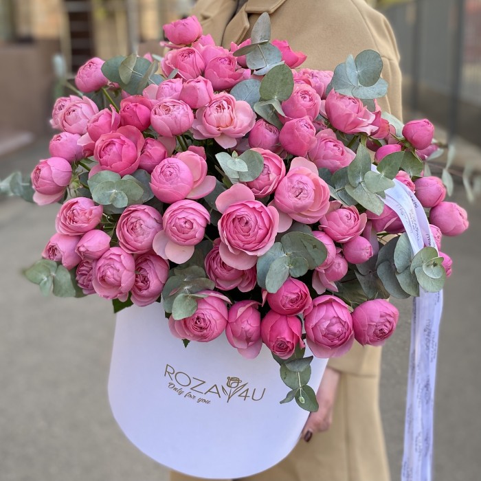 25 пионовидных кустовых роз Сильва Пинк в коробке