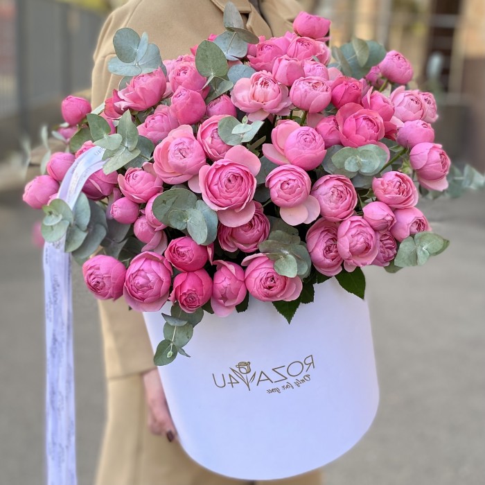 25 пионовидных кустовых роз Сильва Пинк в коробке