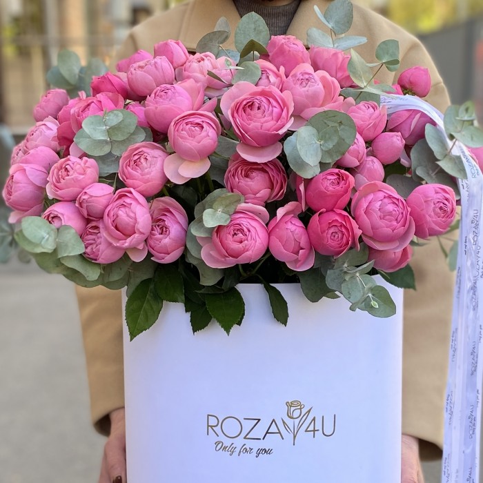 25 пионовидных кустовых роз Сильва Пинк в коробке