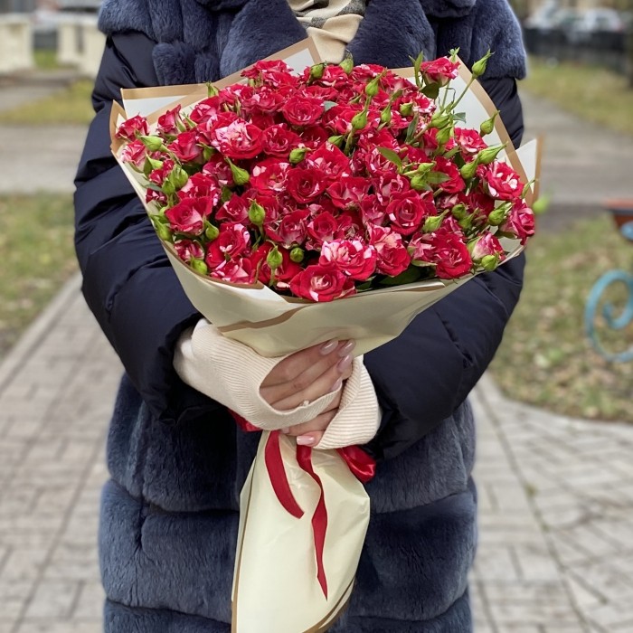 25 Бело-малиновых кустовых роз Твинки блоссом 40см