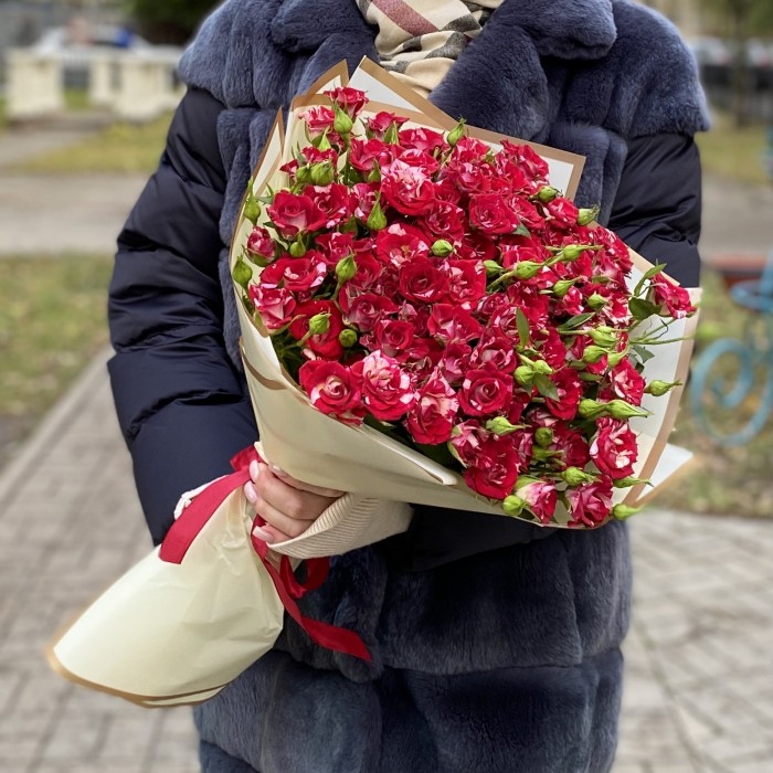 25 Бело-малиновых кустовых роз Твинки блоссом 40см