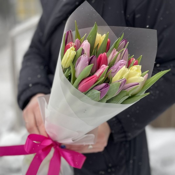 25 тюльпанов микс пастельных оттенков