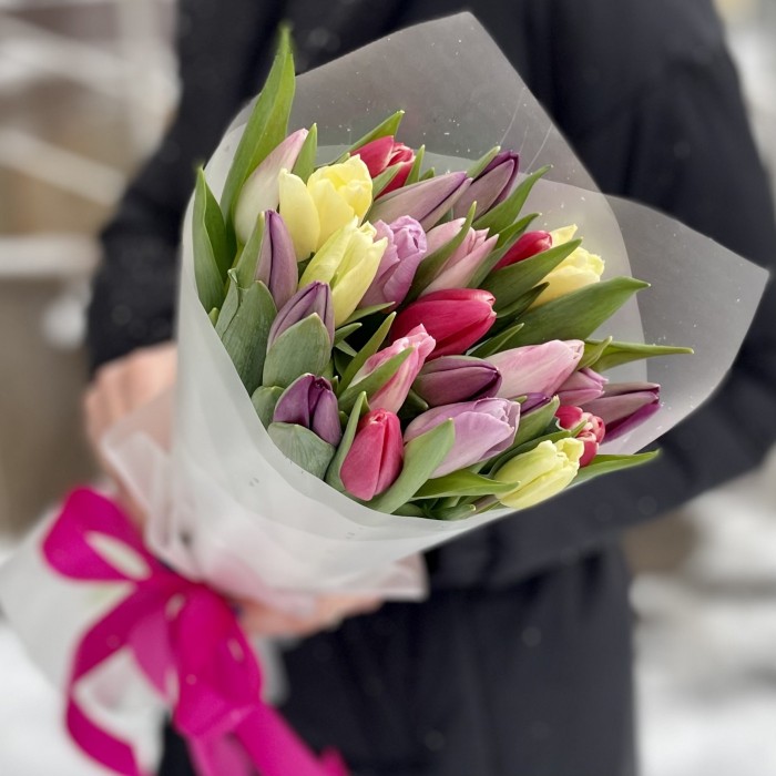 25 тюльпанов микс пастельных оттенков