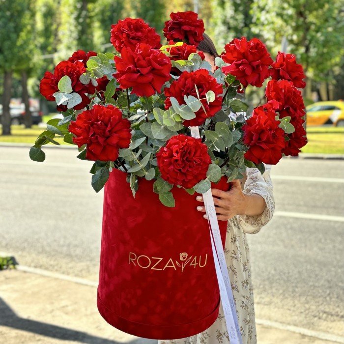 25 французских красных роз в бархатной коробке