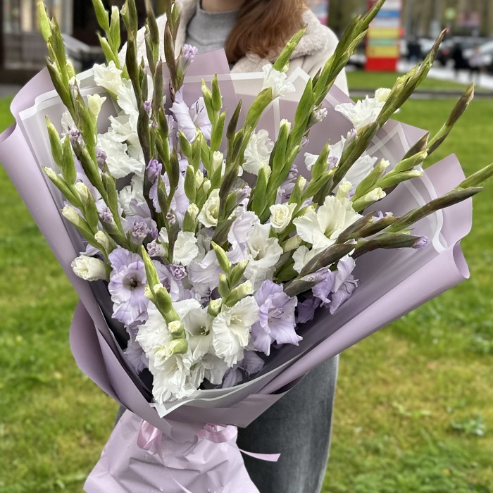 25 белых и сиреневых гладиолусов Нежный микс