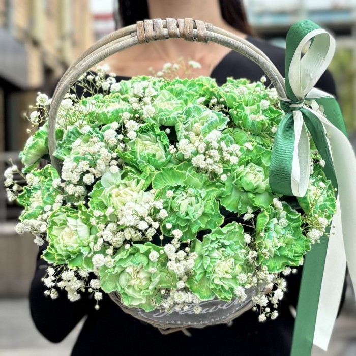 25 гвоздик Грин Вайт Молли в корзине