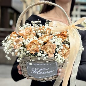 25 гвоздик Пич Грин Блэк Молли в корзине