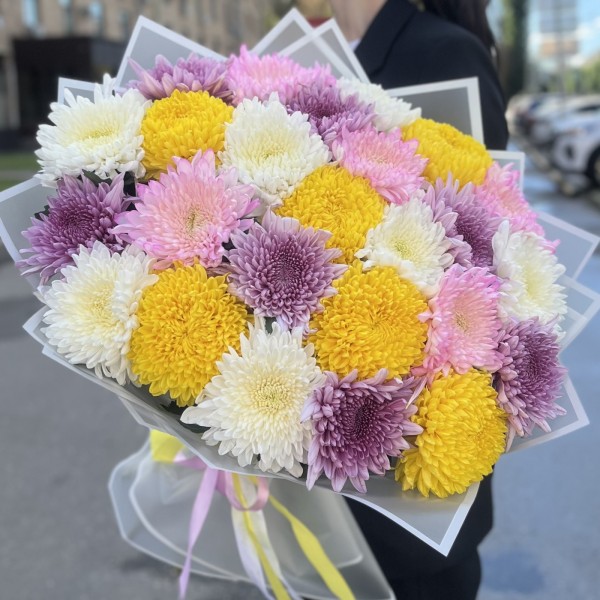 25 хризантем микс в упаковке