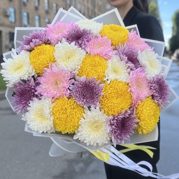 25 хризантем микс в упаковке
